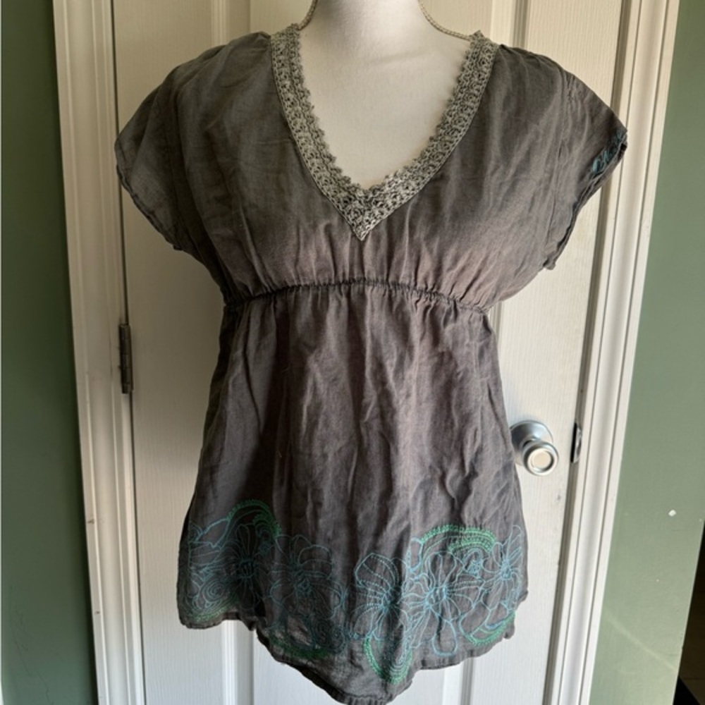 O'Neill Women Top large Green Tunic‎ Cold Shoulder Lace Short Sleeve